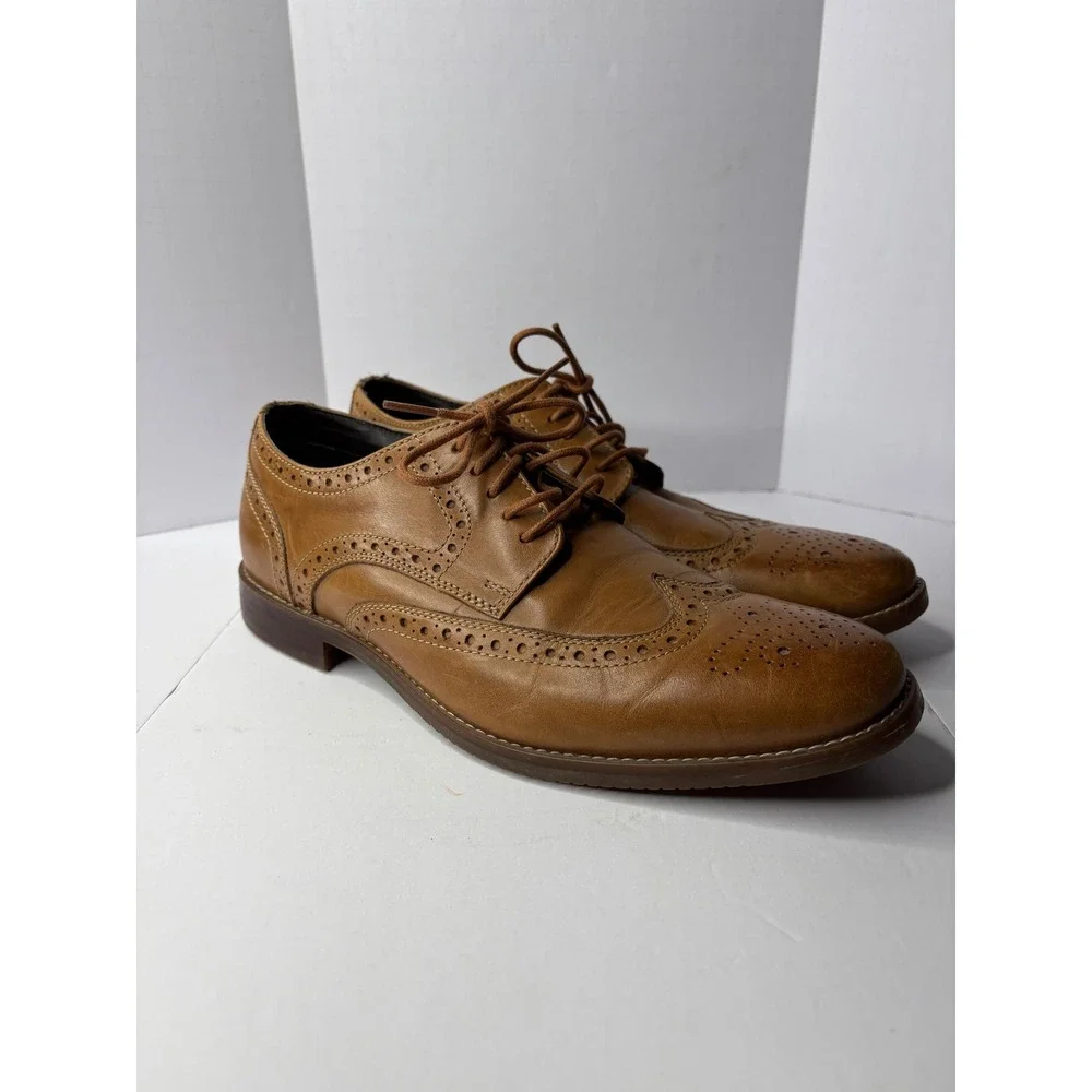 Rockport Mens‎ Tan Leather Wingtip Oxford Brogue Dress Shoes Shock Absorbing